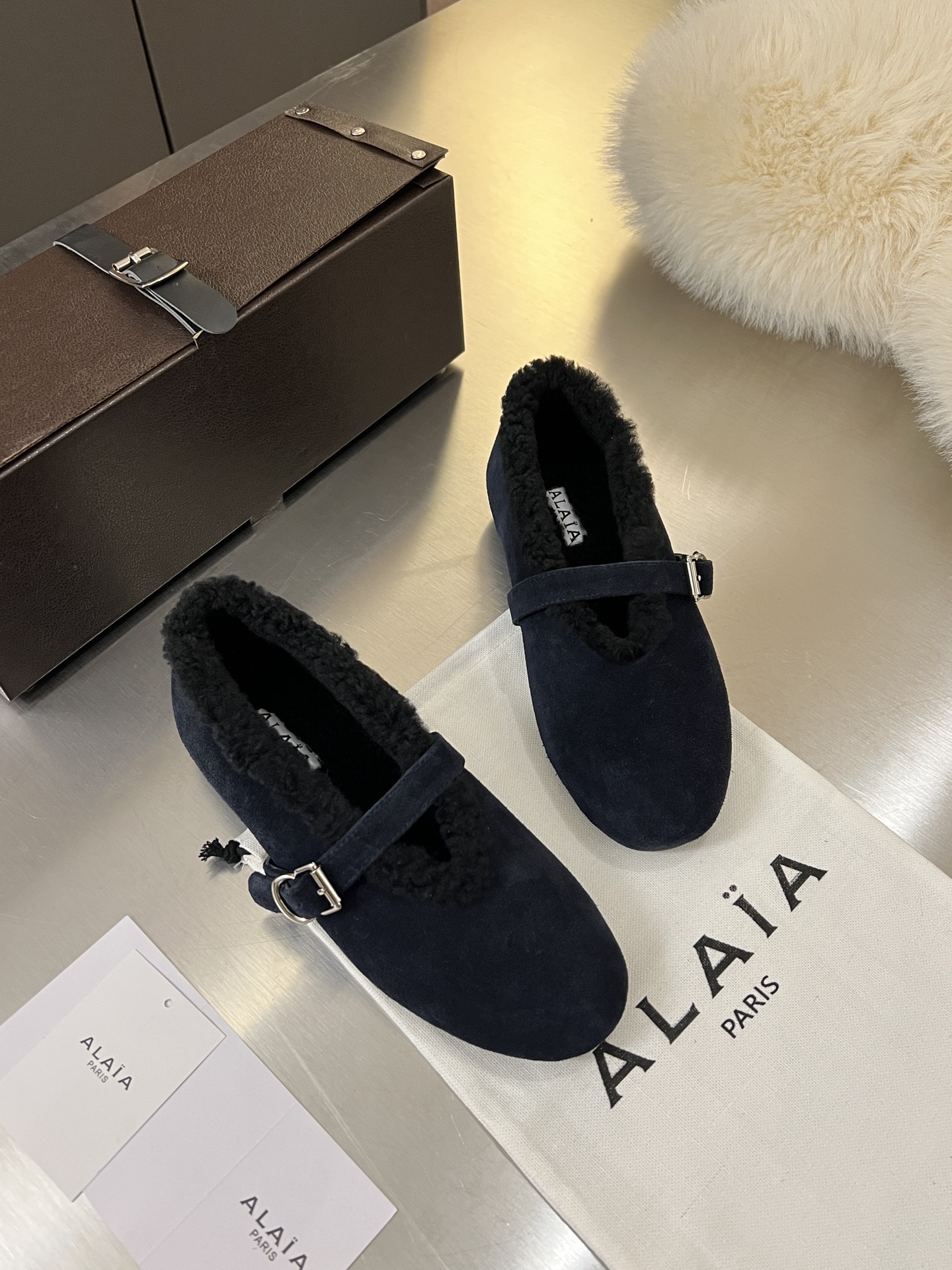 ALAÏA Shearling-Lined Suede Mary Jane Flats
