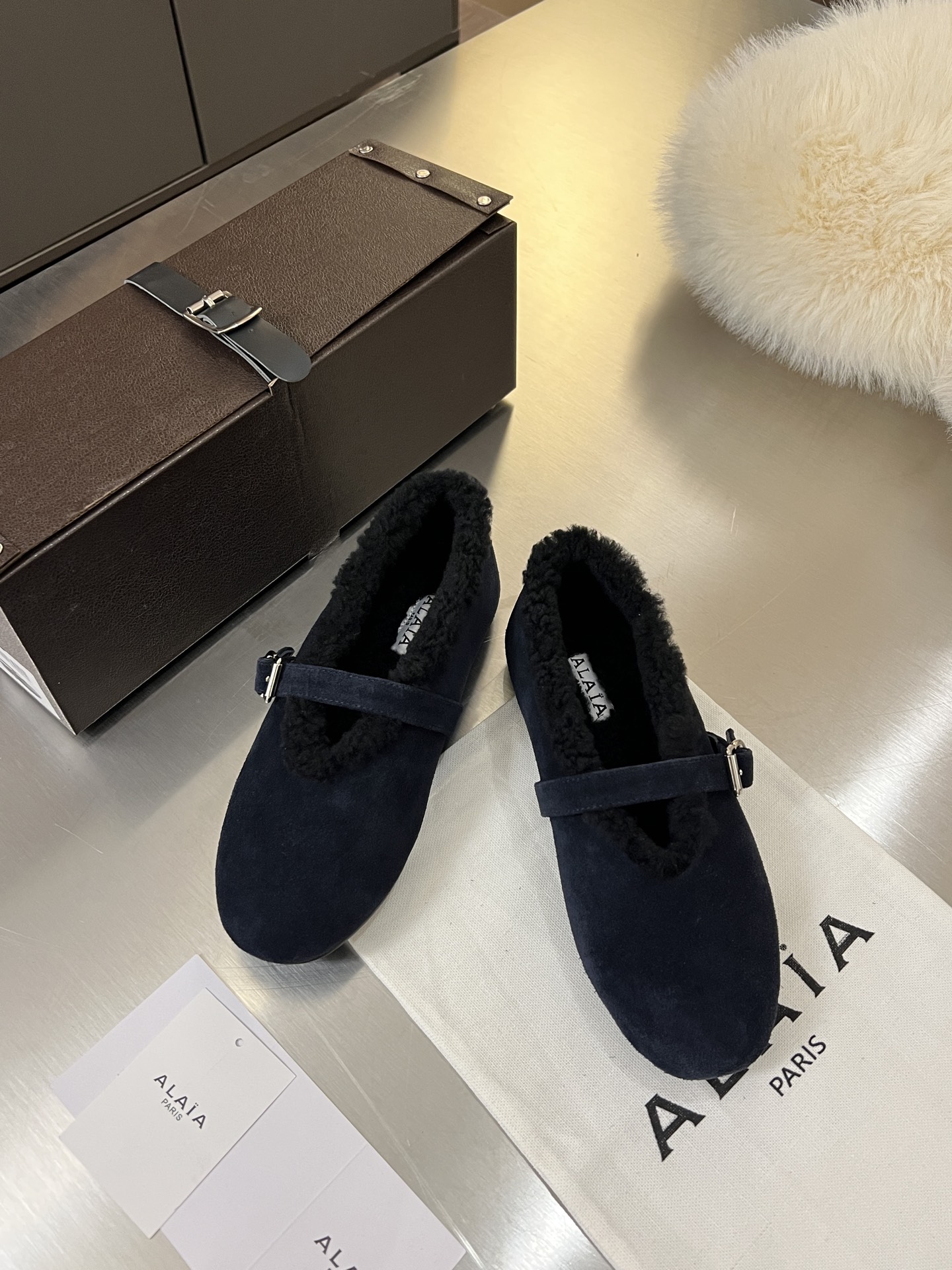 ALAÏA Shearling-Lined Suede Mary Jane Flats