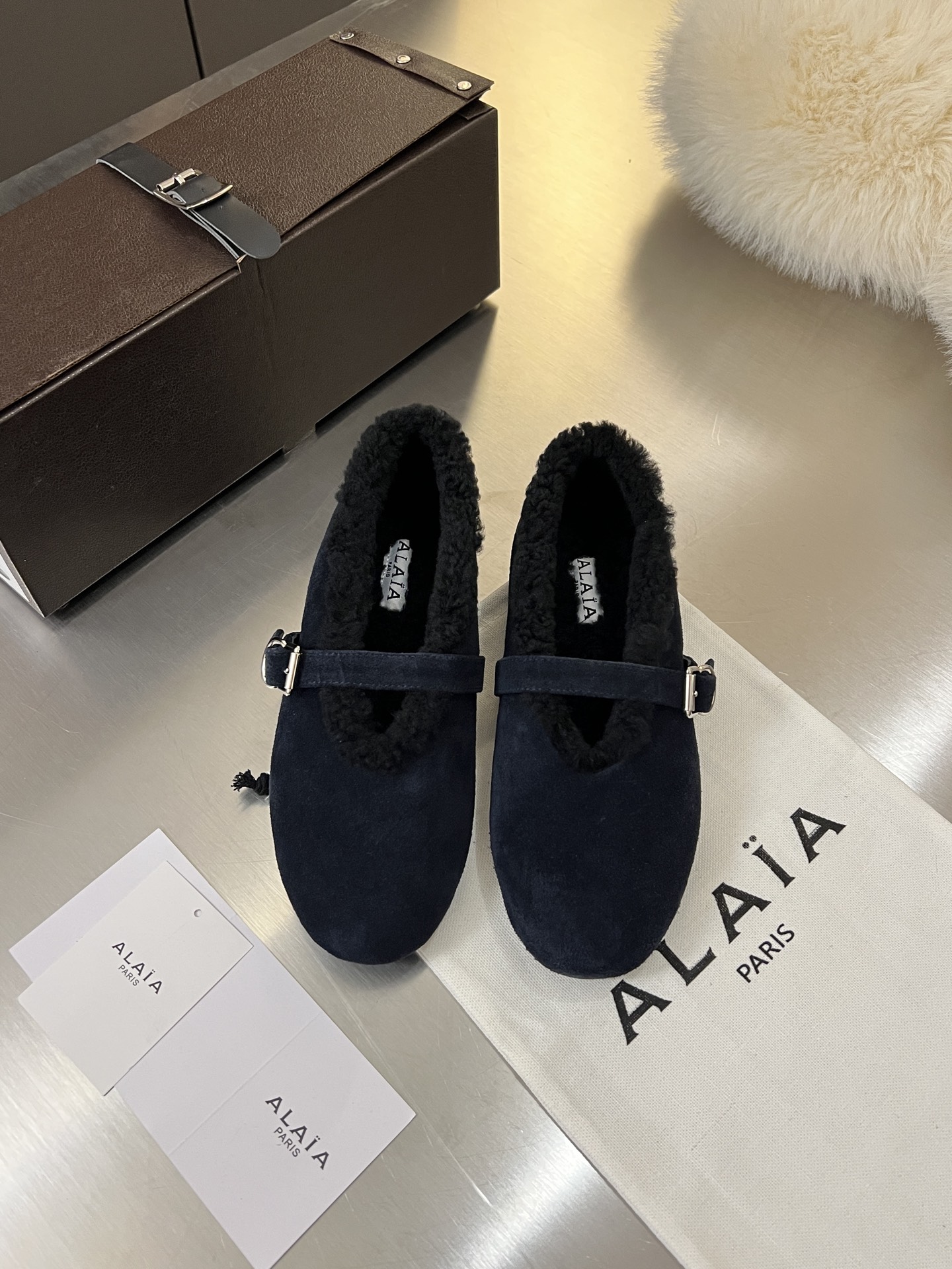ALAÏA Shearling-Lined Suede Mary Jane Flats