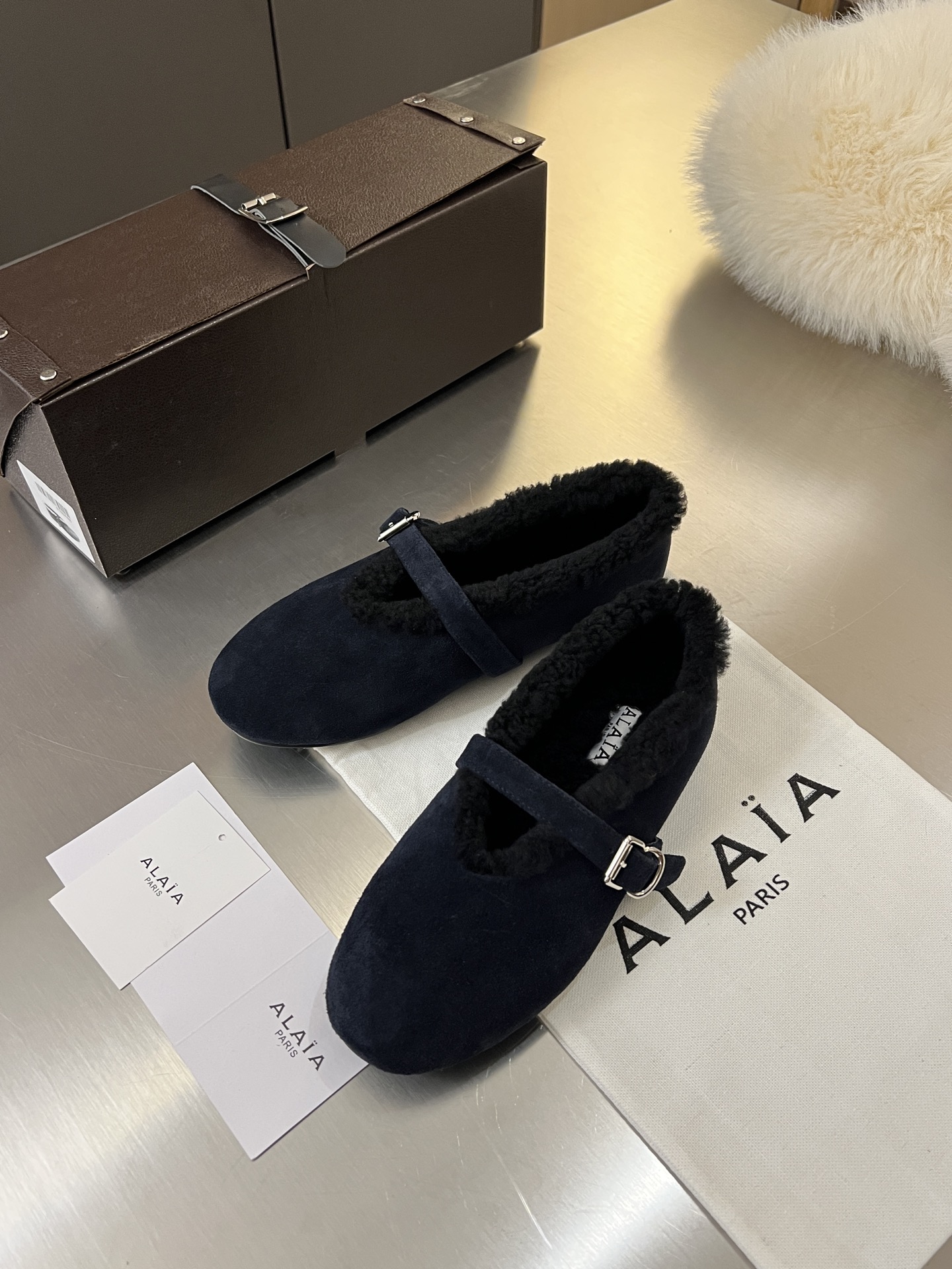 ALAÏA Shearling-Lined Suede Mary Jane Flats