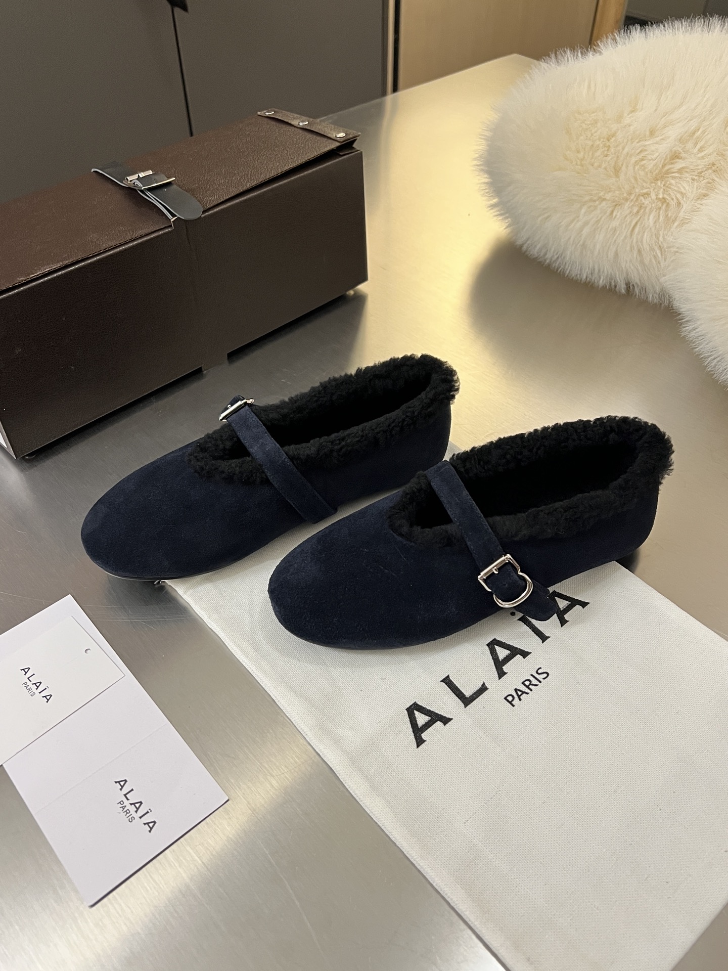 ALAÏA Shearling-Lined Suede Mary Jane Flats