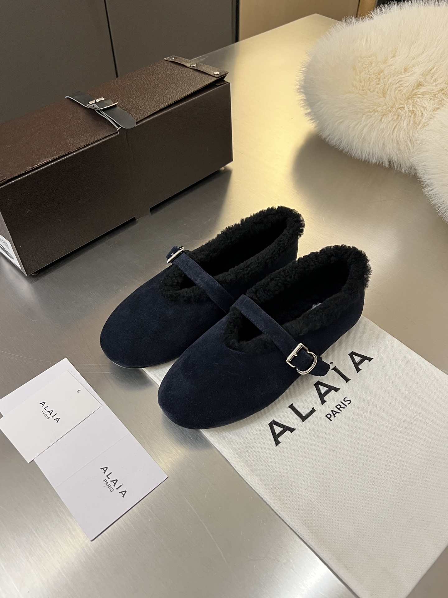 ALAÏA Shearling-Lined Suede Mary Jane Flats