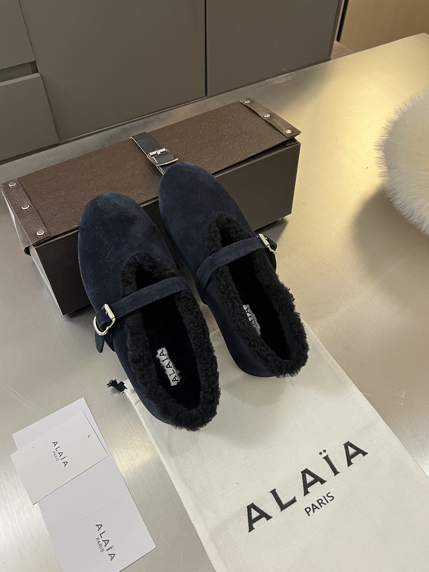 ALAÏA Shearling-Lined Suede Mary Jane Flats