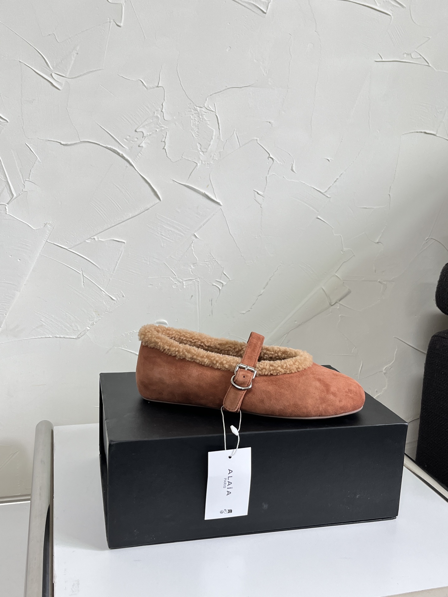 ALAÏA Shearling-Lined Suede Mary Jane Flats