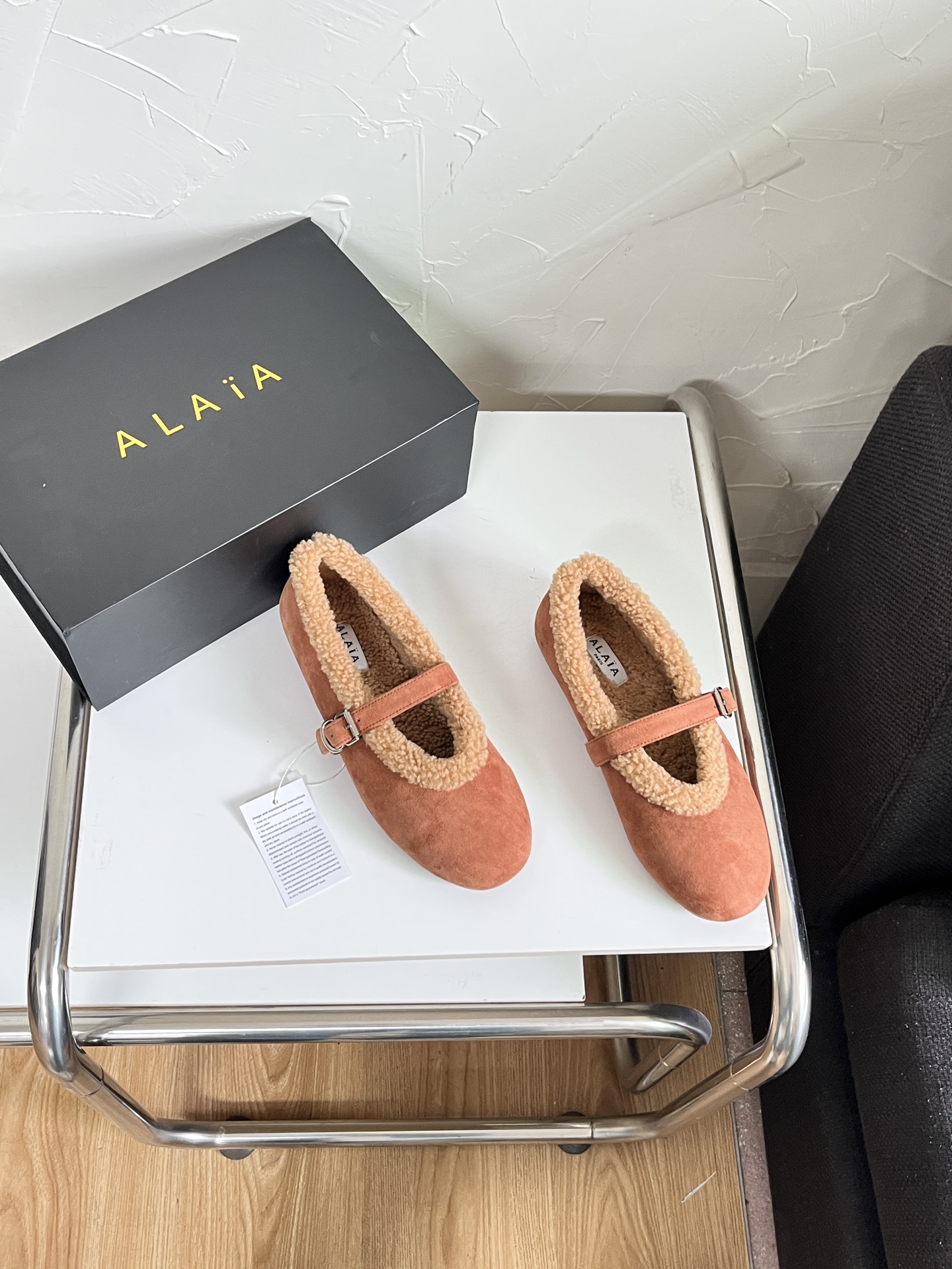 ALAÏA Shearling-Lined Suede Mary Jane Flats