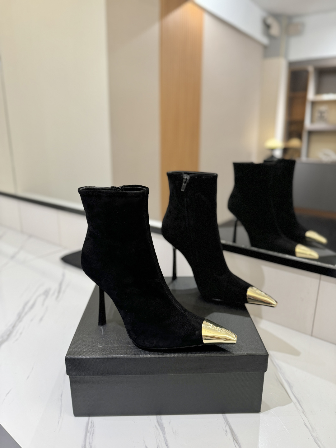 YSL SAINT LAURENT Anaïs 90 Suede Ankle Boots with Metal Cap Toe