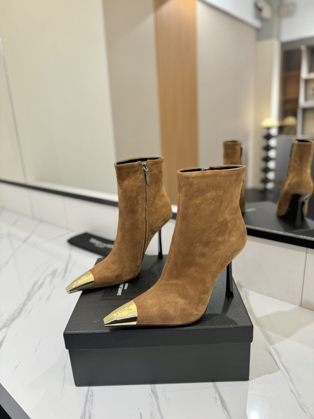 YSL SAINT LAURENT Anaïs 90 Suede Ankle Boots with Metal Cap Toe