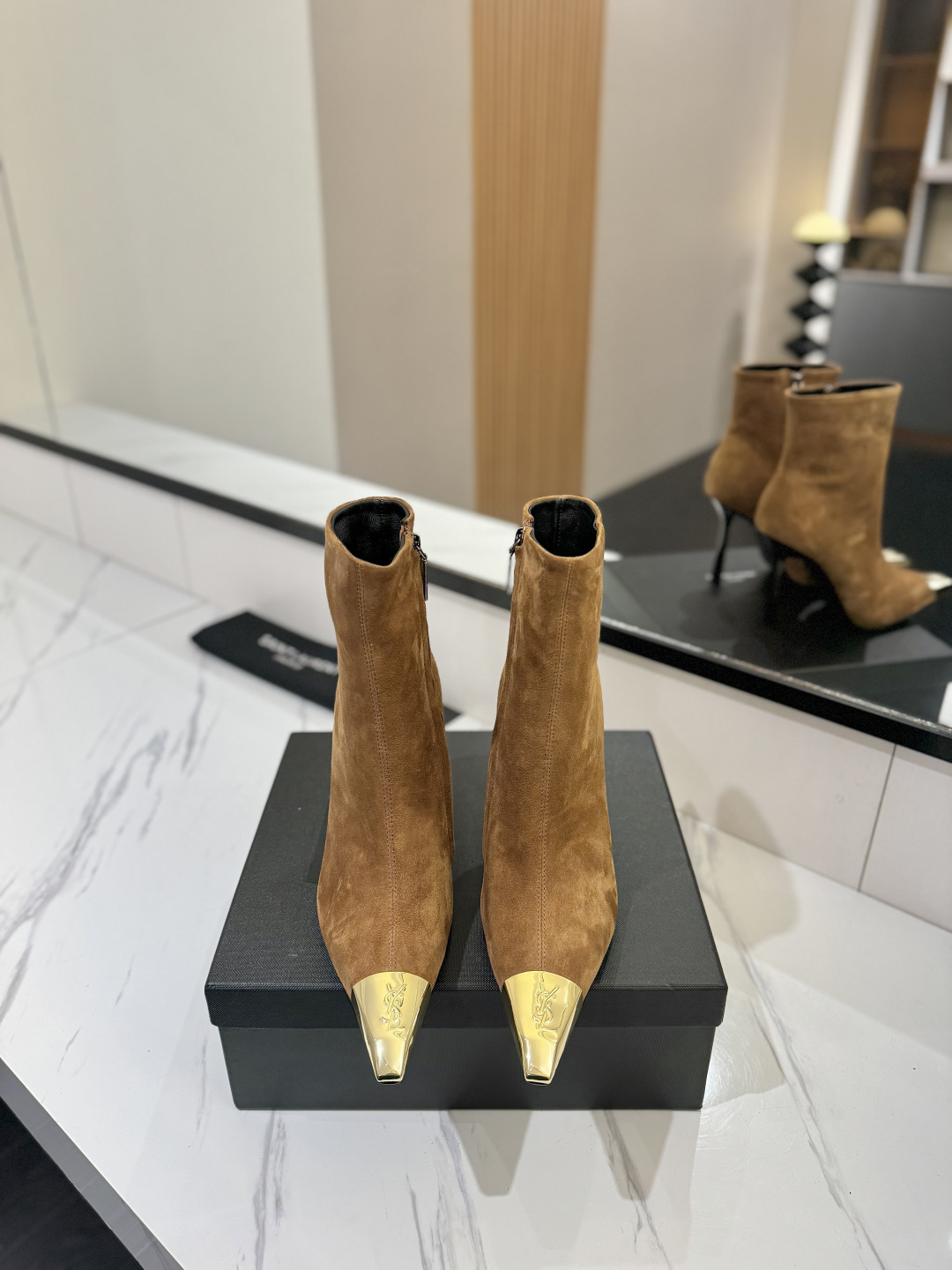 YSL SAINT LAURENT Anaïs 90 Suede Ankle Boots with Metal Cap Toe