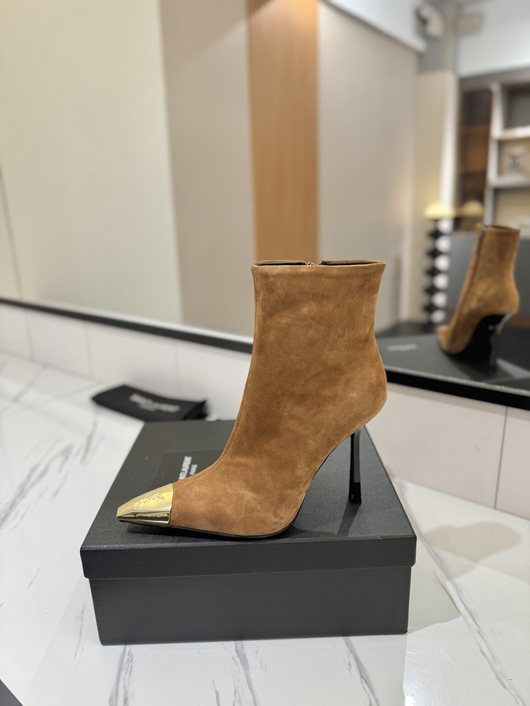 YSL SAINT LAURENT Anaïs 90 Suede Ankle Boots with Metal Cap Toe