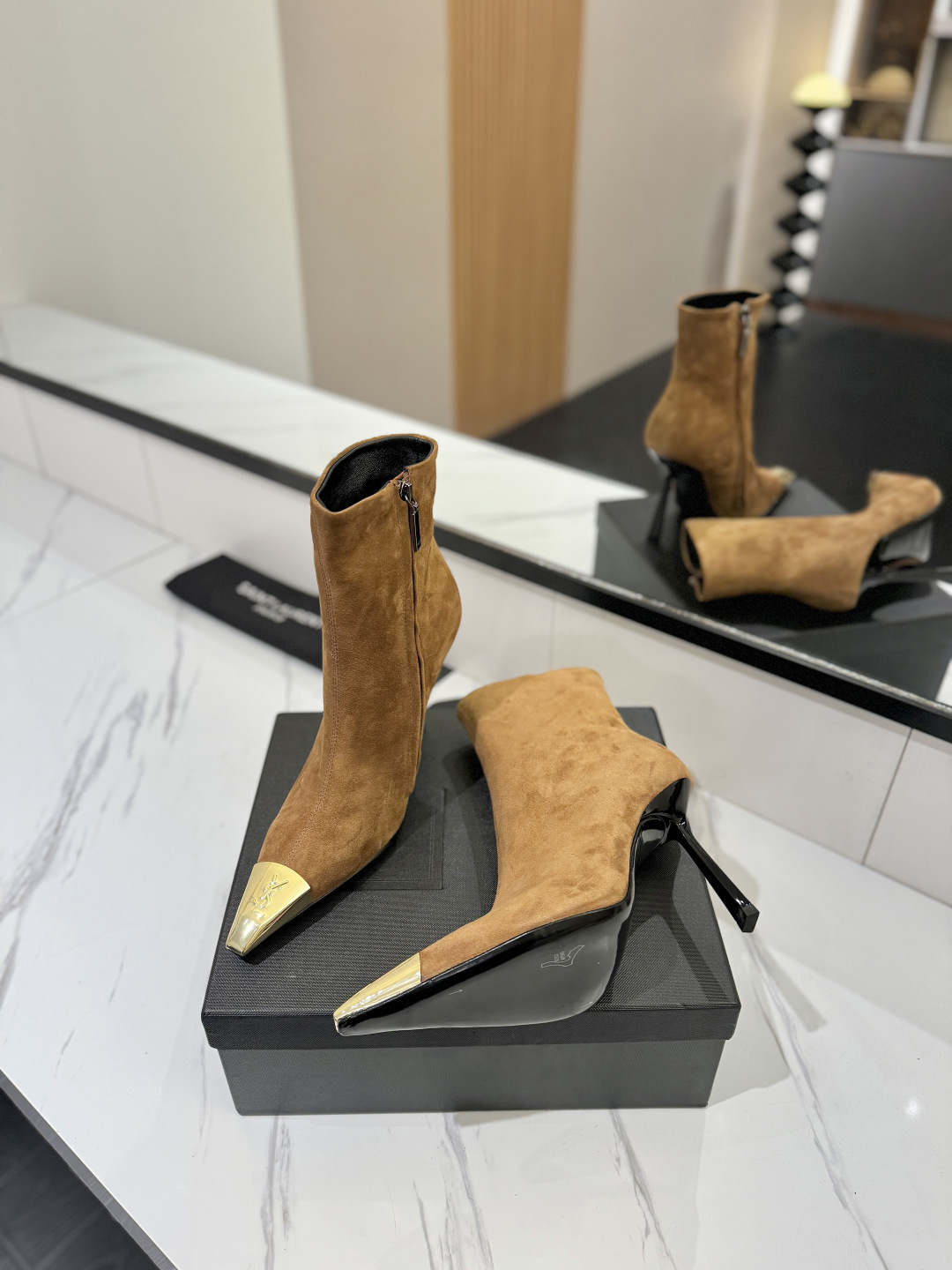 YSL SAINT LAURENT Anaïs 90 Suede Ankle Boots with Metal Cap Toe