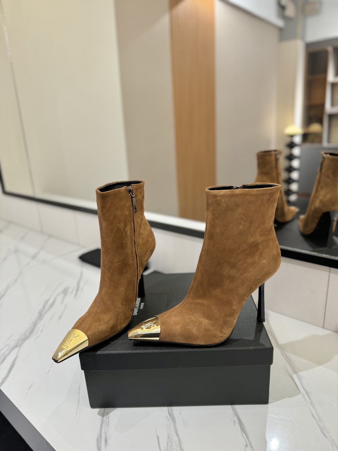 YSL SAINT LAURENT Anaïs 90 Suede Ankle Boots with Metal Cap Toe