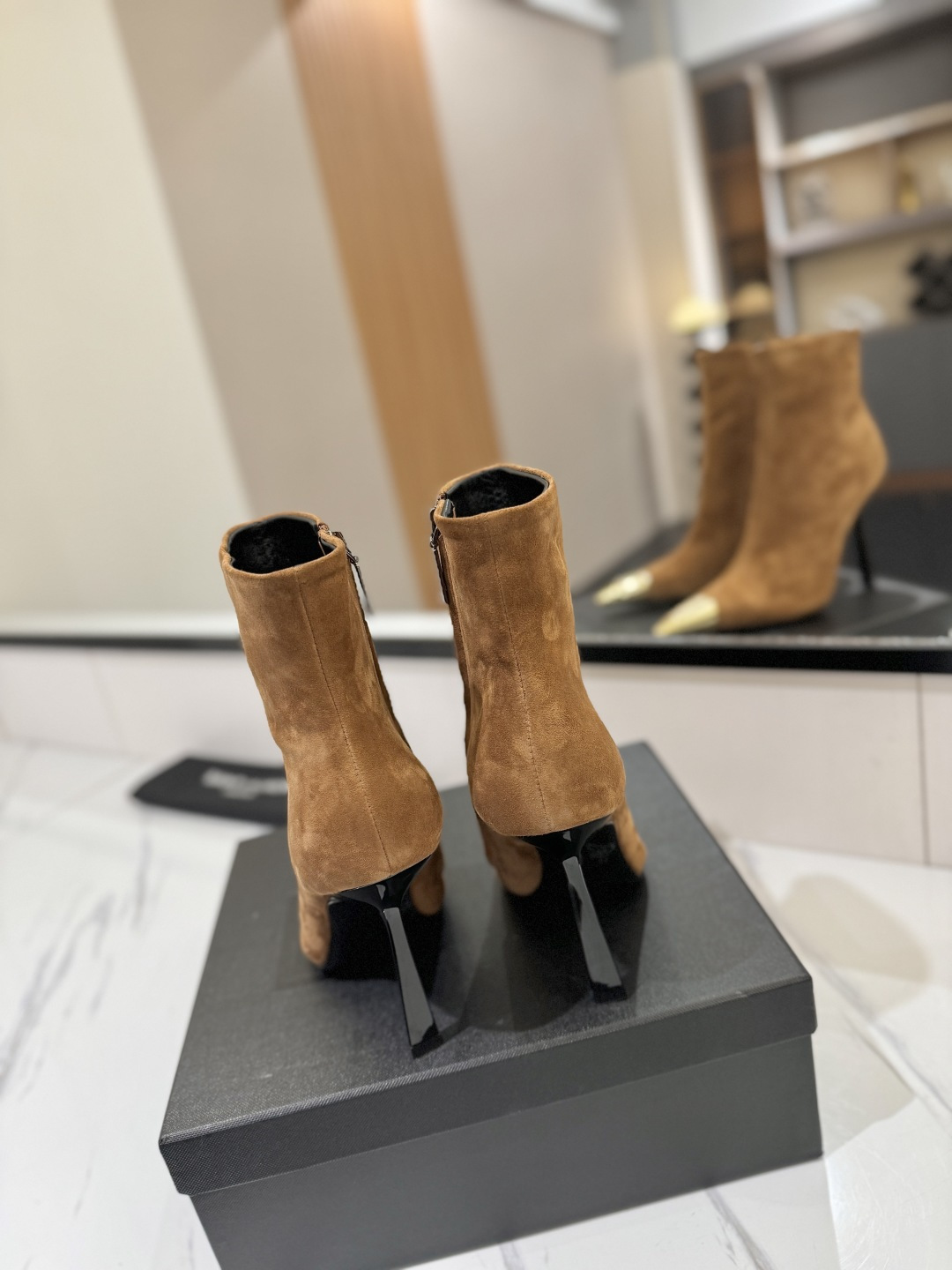 YSL SAINT LAURENT Anaïs 90 Suede Ankle Boots with Metal Cap Toe