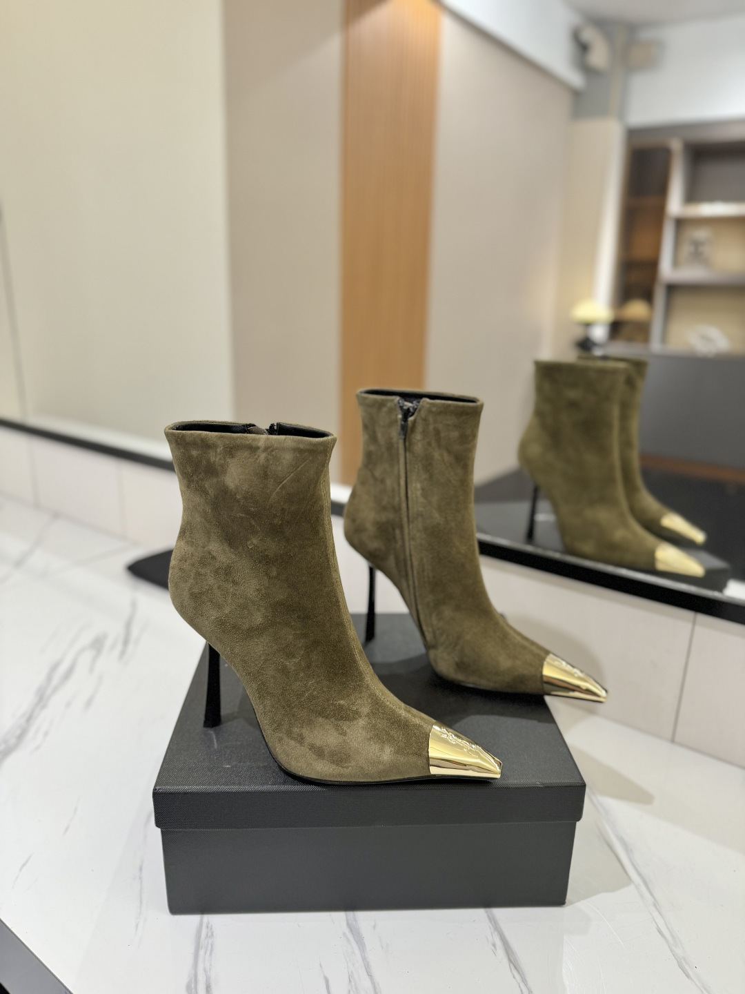 YSL SAINT LAURENT Anaïs 90 Suede Ankle Boots with Metal Cap Toe