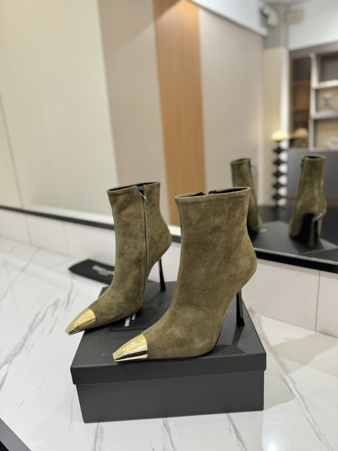 YSL SAINT LAURENT Anaïs 90 Suede Ankle Boots with Metal Cap Toe