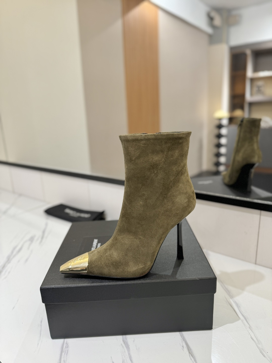 YSL SAINT LAURENT Anaïs 90 Suede Ankle Boots with Metal Cap Toe