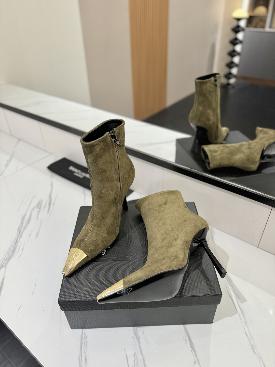 YSL SAINT LAURENT Anaïs 90 Suede Ankle Boots with Metal Cap Toe