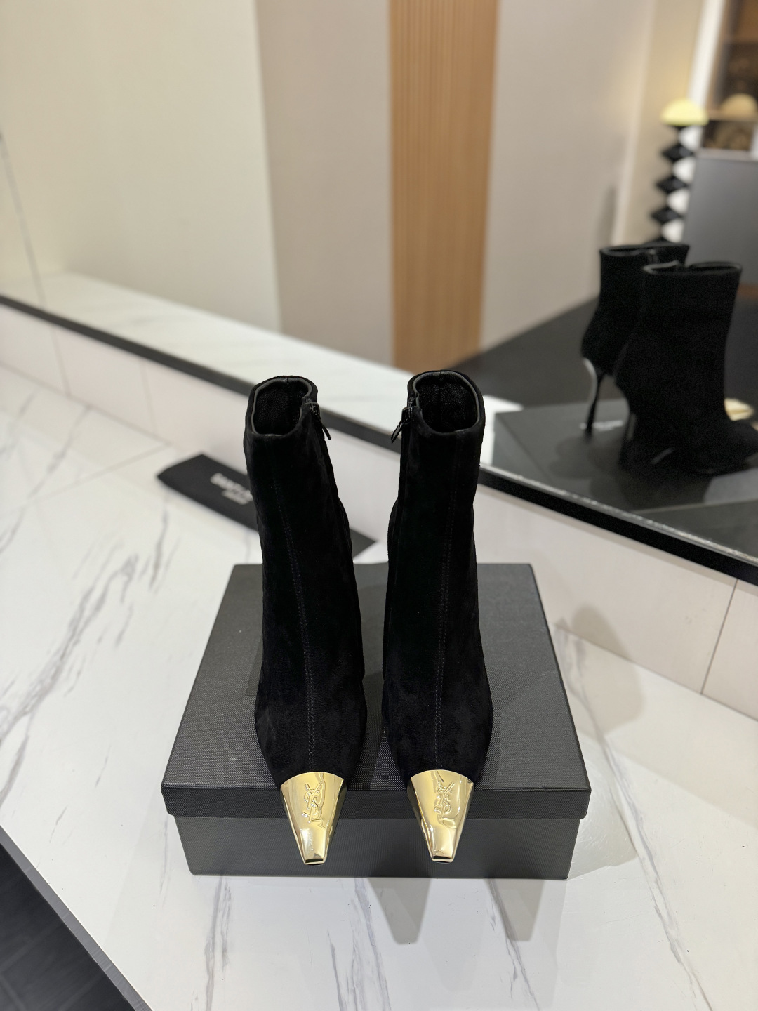 YSL SAINT LAURENT Anaïs 90 Suede Ankle Boots with Metal Cap Toe