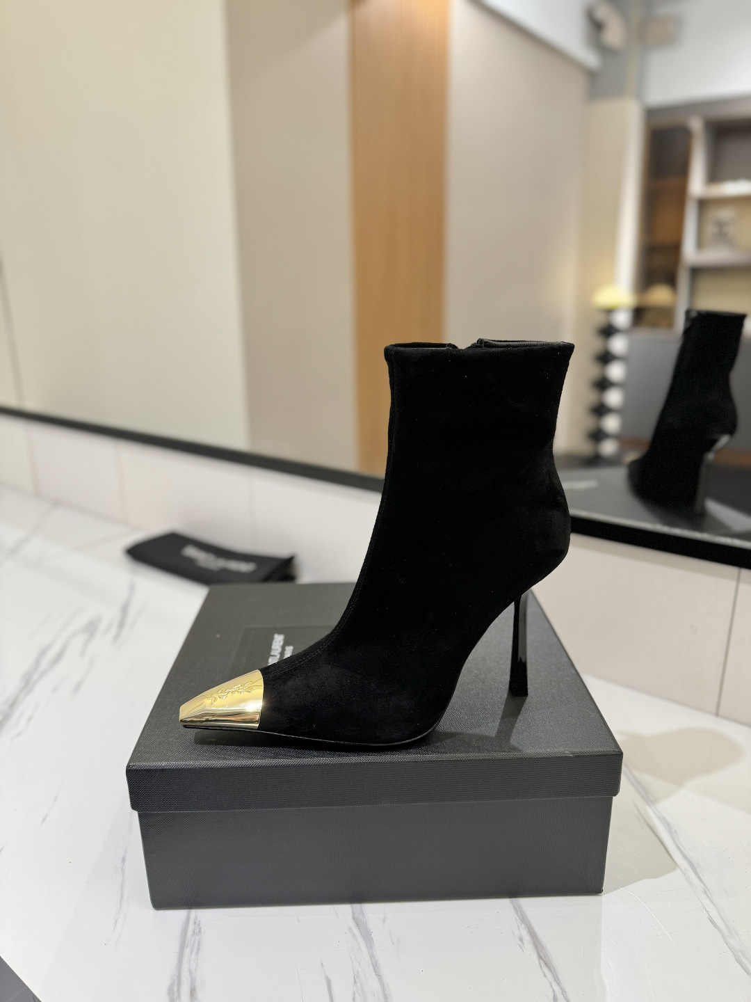 YSL SAINT LAURENT Anaïs 90 Suede Ankle Boots with Metal Cap Toe