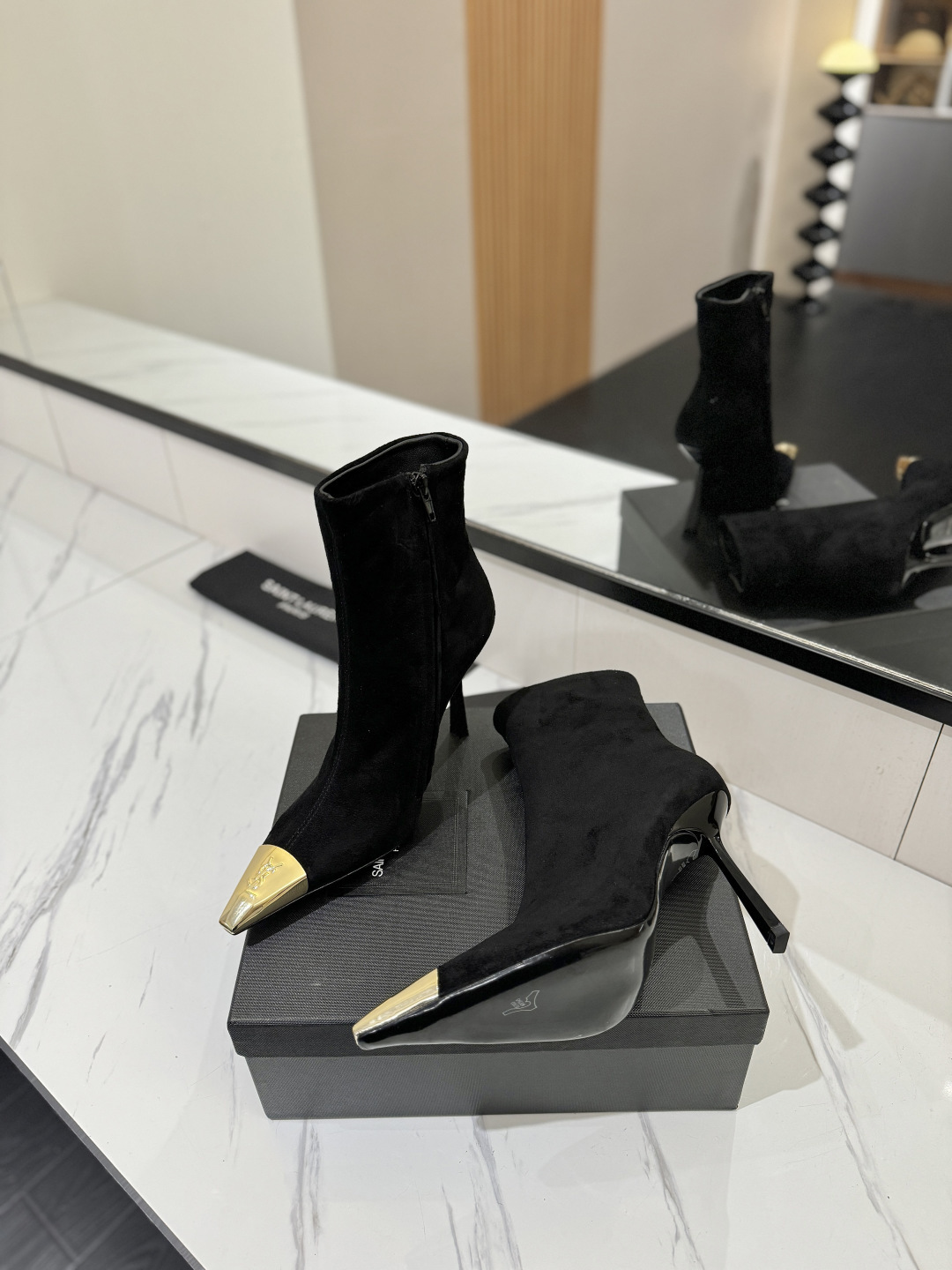 YSL SAINT LAURENT Anaïs 90 Suede Ankle Boots with Metal Cap Toe