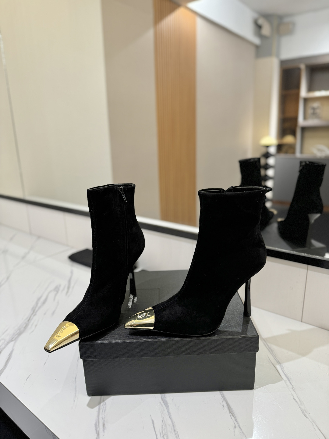 YSL SAINT LAURENT Anaïs 90 Suede Ankle Boots with Metal Cap Toe
