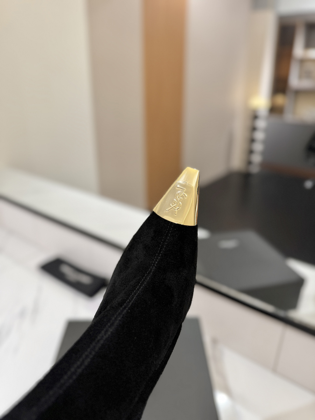 YSL SAINT LAURENT Anaïs 90 Suede Ankle Boots with Metal Cap Toe