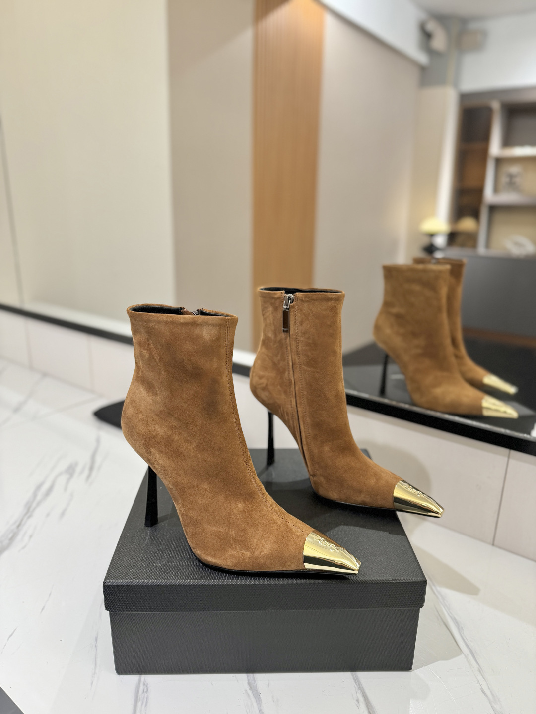 YSL SAINT LAURENT Anaïs 90 Suede Ankle Boots with Metal Cap Toe