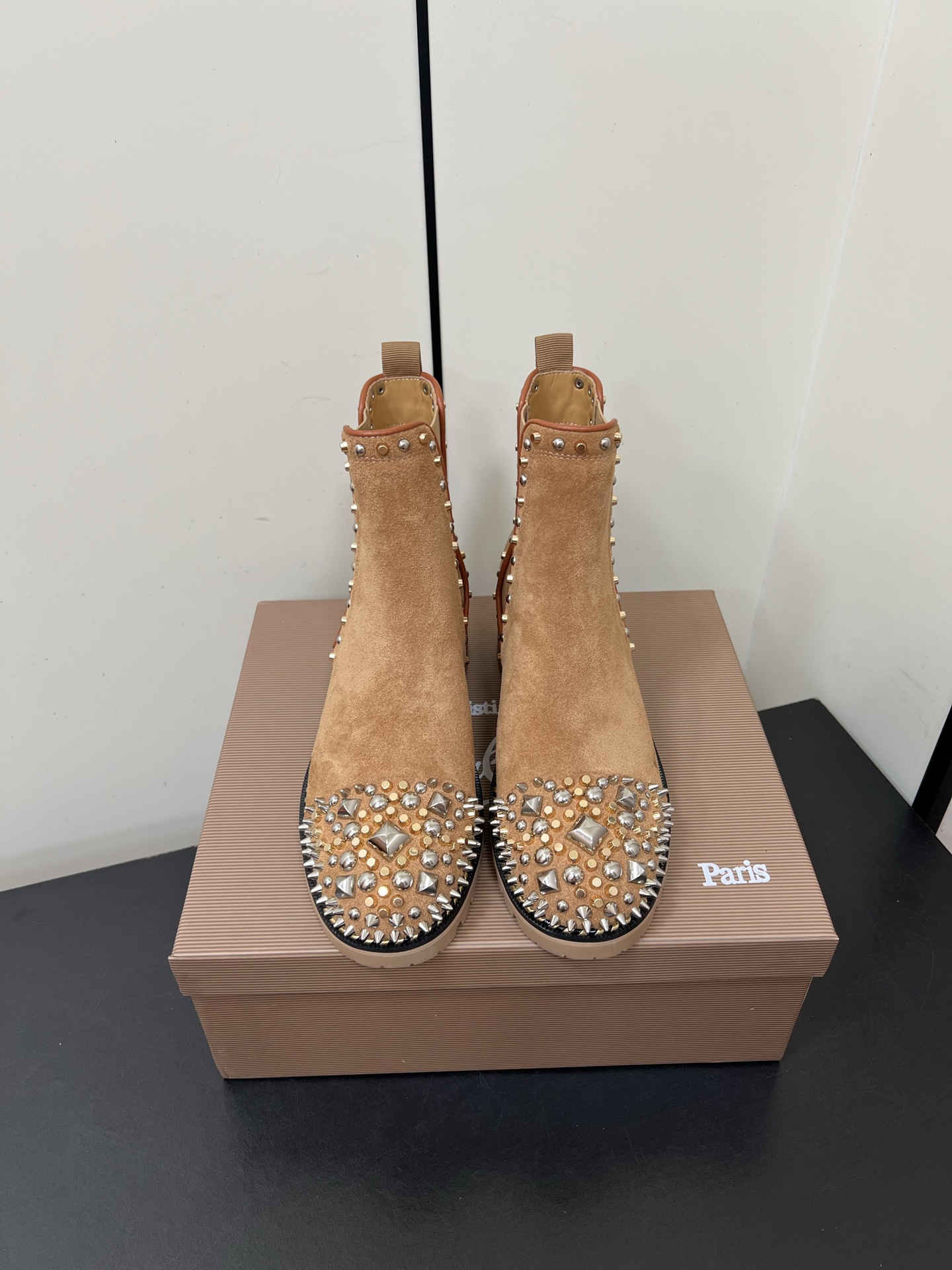 Christian Louboutin Chasse A Clou Studded Cap Toe Chelsea Booties - Suede 1