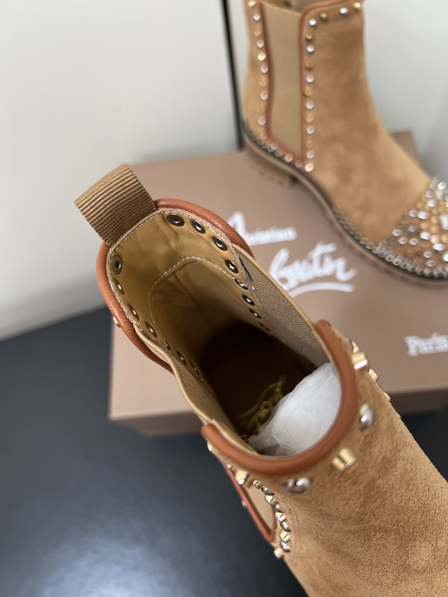 Christian Louboutin Chasse A Clou Studded Cap Toe Chelsea Booties - Suede 7