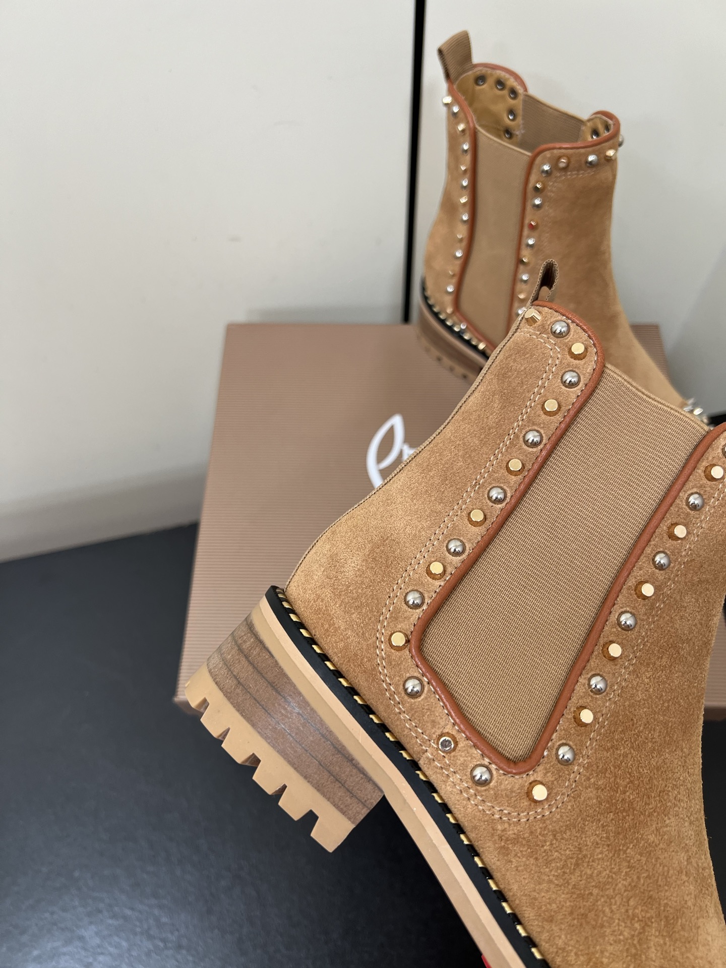 Christian Louboutin Chasse A Clou Studded Cap Toe Chelsea Booties - Suede 8