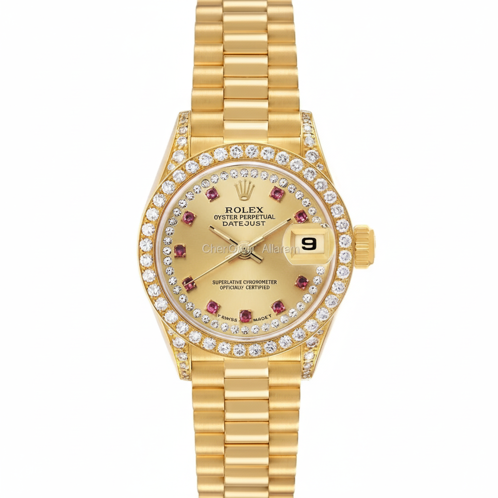 Rolex Datejust Oyster Perpetual – Champagne Dial with Ruby Hour Markers & Diamond Bezel