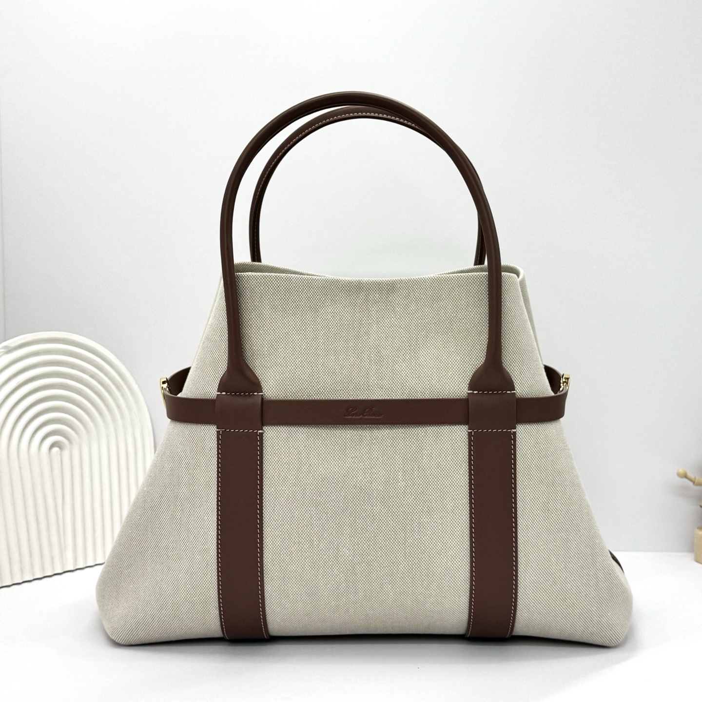 Loro Piana Ghiera Large Canvas & Leather Shopper Tote Bag 3