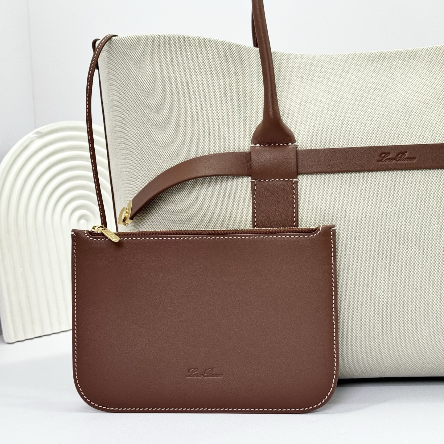 Loro Piana Ghiera Large Canvas & Leather Shopper Tote Bag 5