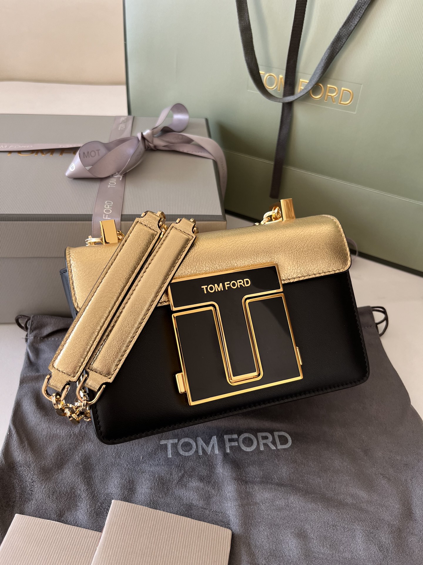 Tom Ford Laminated Calf Shoulder Bag in Black and Gold 2